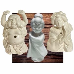 Set 3 Asian Pottery Incense Burners 1 Buda & 2 Vintage Asian Geisha Girls
